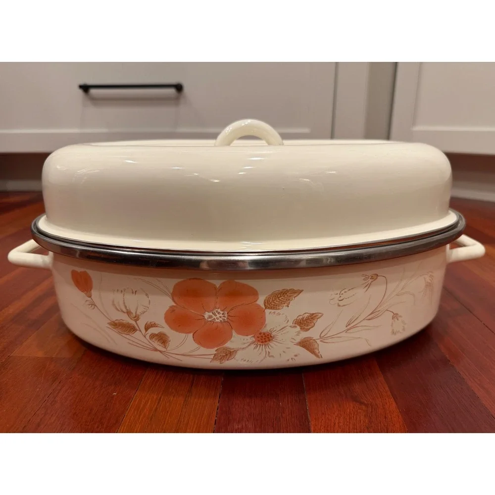 Vntg Watercolor Hearthside Blush Enamelware Oval Roasting Pan with Lid Floral‎
